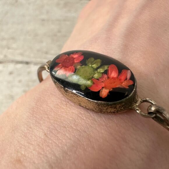 Vintage Mexican Alpaca Silver Pressed Flower Bangle Bracelet - Picture 2 of 8